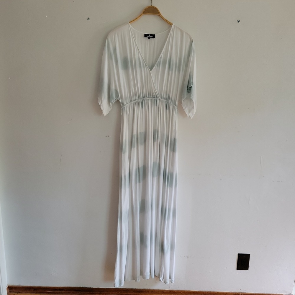 Lulus La Concha Wrap Maxi Dress Medium Dusty Sage Tie Dye‎ Surplice Cottagecore